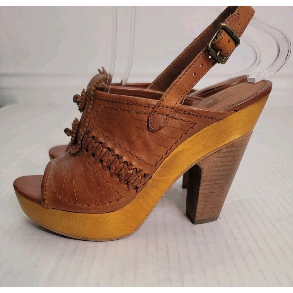 Frye Anya Concho Heel Sandal SZ 7M Sling Platform Wood Broen Leather Retro Boho